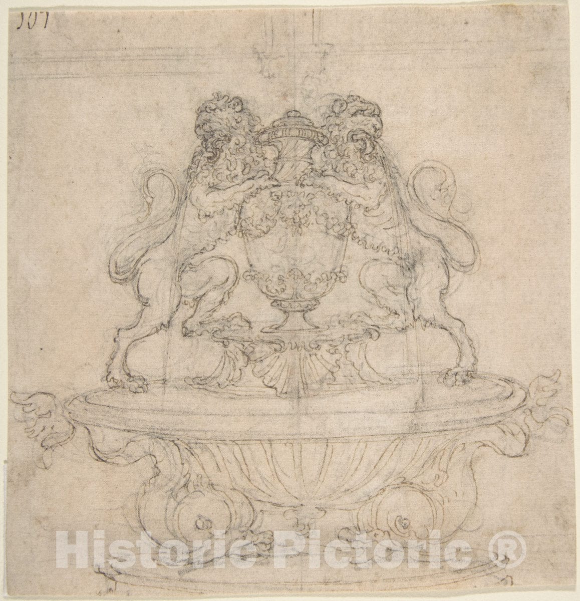 Art Print : Design for a Fountain with Two Water-Spouting Lions - Artist: Giovanni Battista Foggini - Created: 1652–1725 : Vintage Wall Art