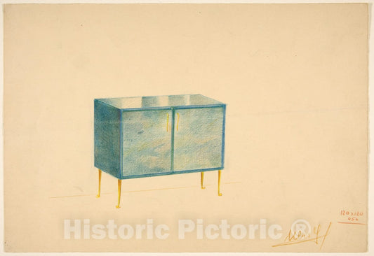 Art Print : Guglielmo Ulrich - Bar Chinso Perspective of a 2-Door Cabinet on Metal Legs : Vintage Wall Art
