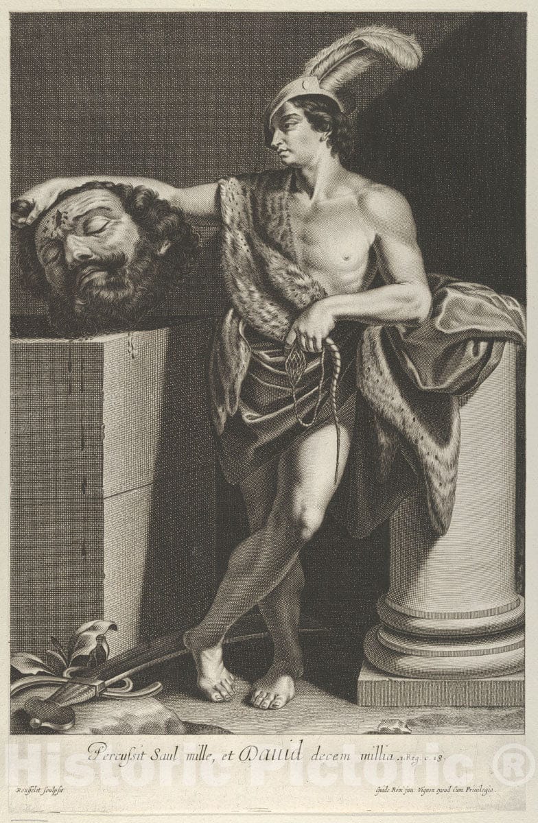 Art Print : Engraved by Gilles Rousselet - David Standing with Crossed Legs and Holding The Head of Goliath on a Pedestal at Left, a Sword on The Ground, After Reni : Vintage Wall Art