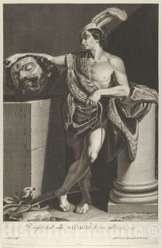 Art Print : Engraved by Gilles Rousselet - David Standing with Crossed Legs and Holding The Head of Goliath on a Pedestal at Left, a Sword on The Ground, After Reni : Vintage Wall Art