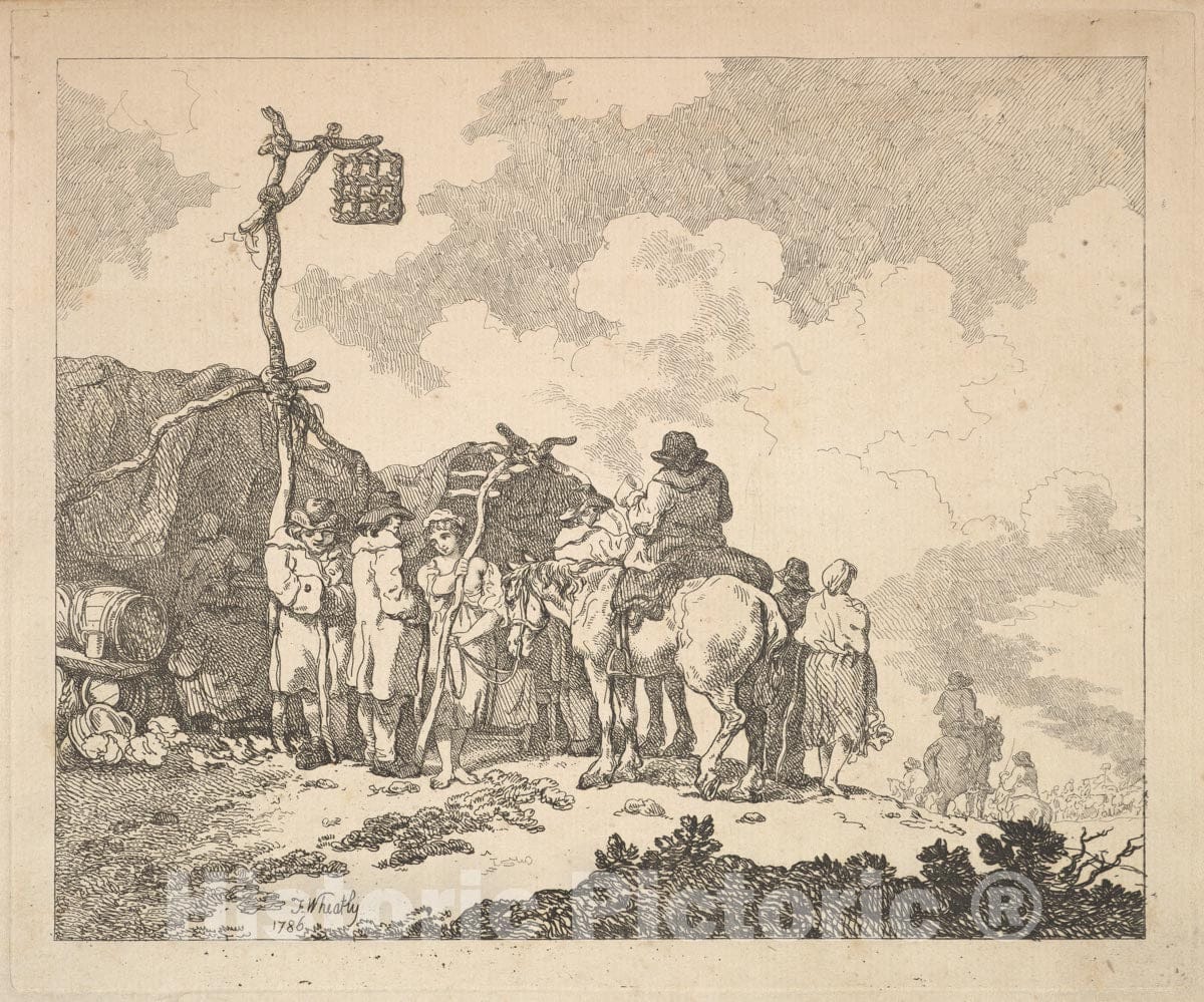 Art Print : Thomas Rowlandson - A Fair – A Group of Gypsies – Men and Women in Rustic Clothes in Front of Two Makeshift Tents : Vintage Wall Art