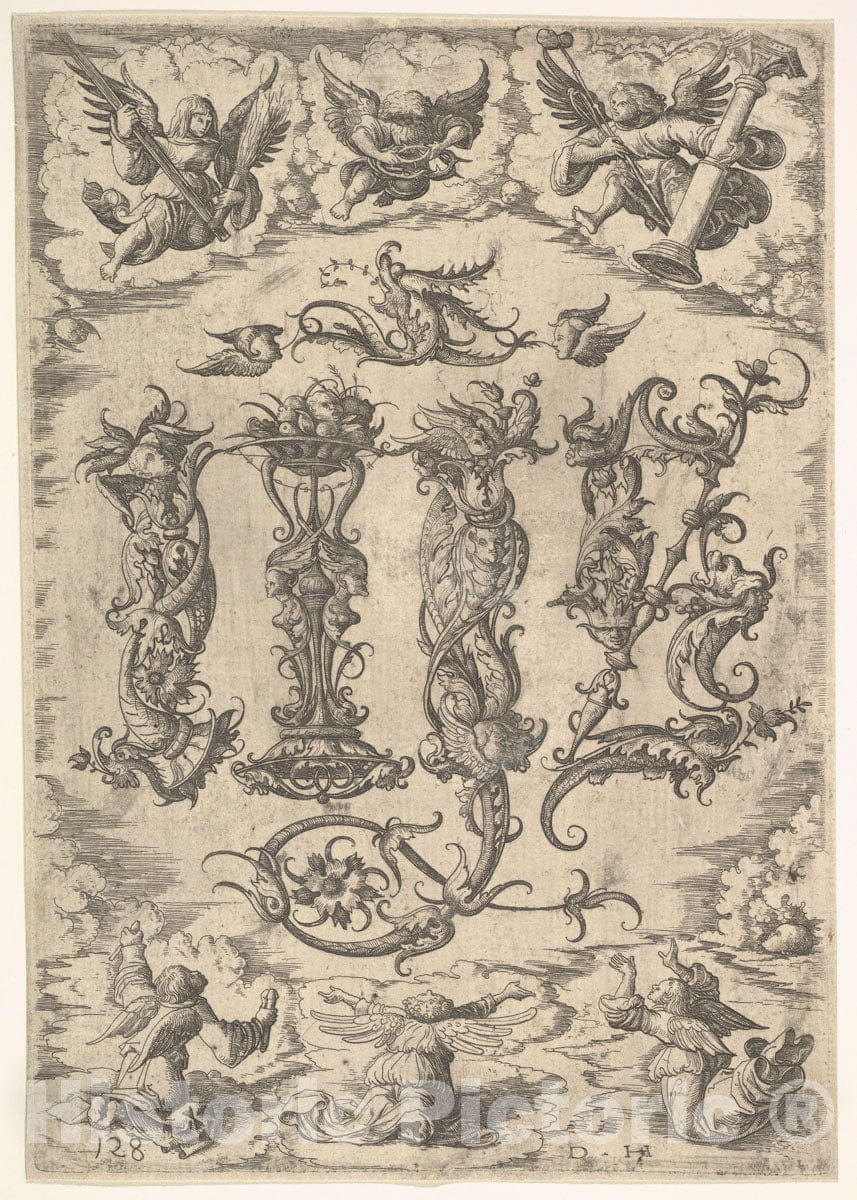 Art Print : Daniel Hopfer - IHS Monogram Surrounded by Six Angels : Vintage Wall Art