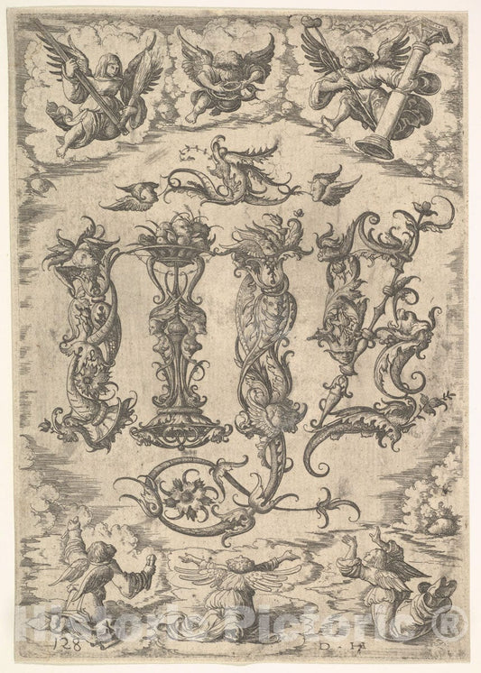 Art Print : Daniel Hopfer - IHS Monogram Surrounded by Six Angels : Vintage Wall Art