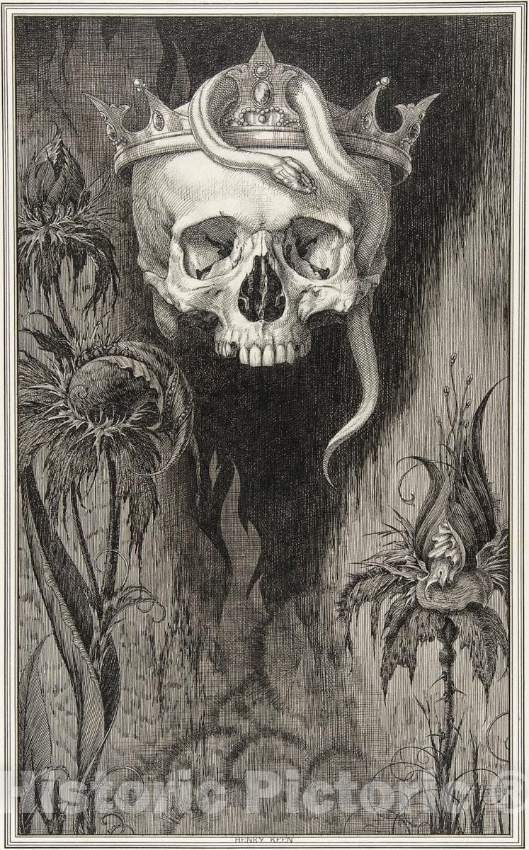 Art Print : Henry Weston Keen - Skull Crowned with Snakes and Flowers, The Duchess of Malfi : Vintage Wall Art
