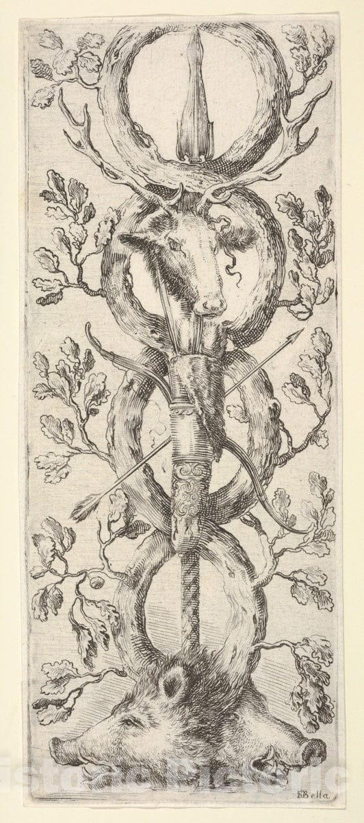 Art Print : Stefano della Bella - Two wild boar heads below, a deer head above, a bow and arrow in center, from 'Ornaments or Grotesques' (Ornamenti o Grottesche) : Vintage Wall Art