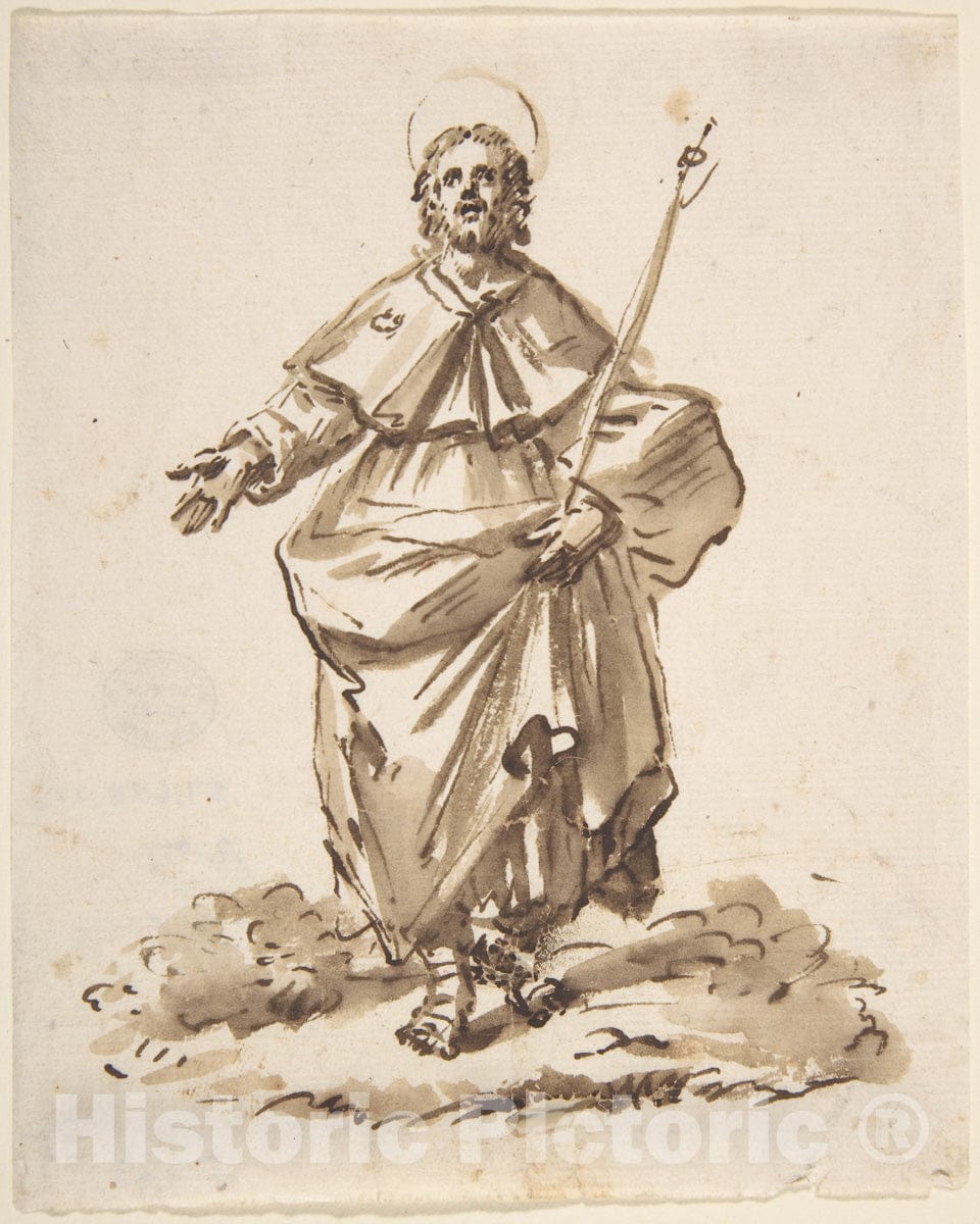 Art Print : Italian, North Italy, 18th Century - Sketch of a Standing Male Saint : Vintage Wall Art
