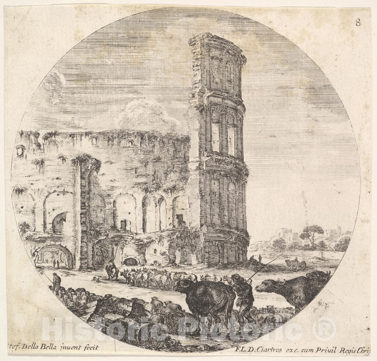 Art Print : Plate 8: The Colosseum - Artist: Stefano Della Bella - Created: c1643 : Vintage Wall Art