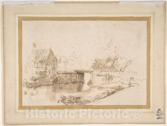 Art Print : Nicolaes Maes - Landscape with a Draughtsman Seated by a River, a Bridge and a Cottage Behind : Vintage Wall Art