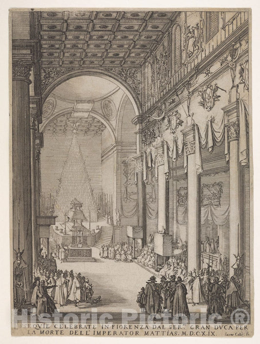 Art Print : Jacques Callot - Catafalque of The Emperor Mathias with Performance of Funeral Inside The Church of San Lorenzo, Florence : Vintage Wall Art