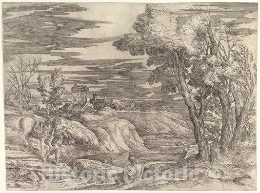 Art Print : Battista Franco - Horseman in a Landscape : Vintage Wall Art