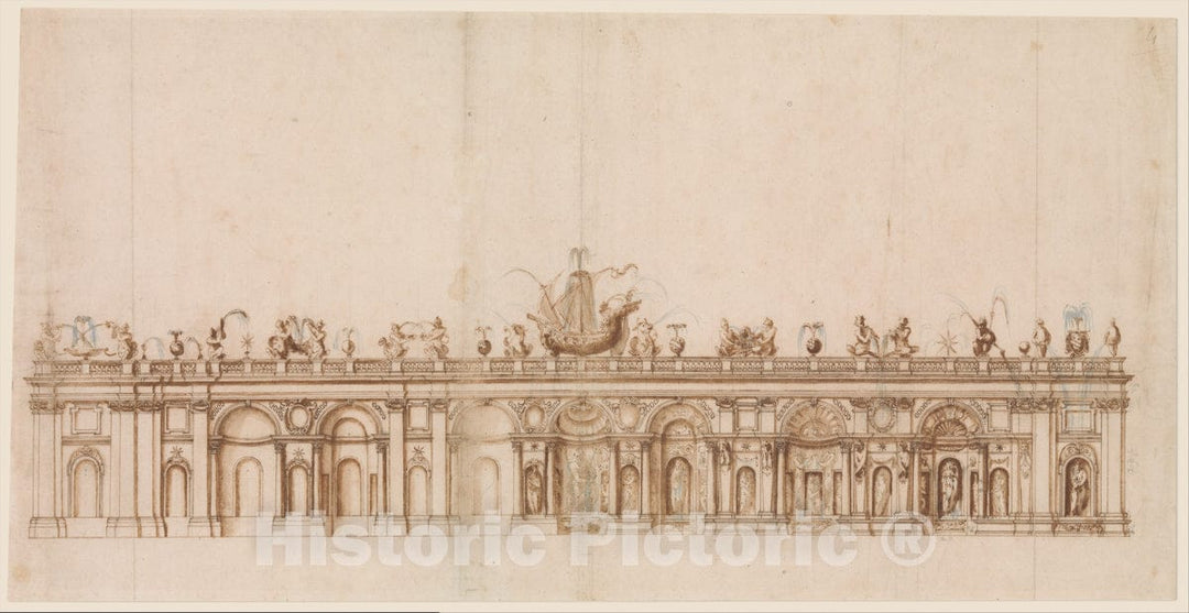 Art Print : Giovanni Guerra - Design After a Fountain in The Villa Aldobrandini at Frascati. : Vintage Wall Art