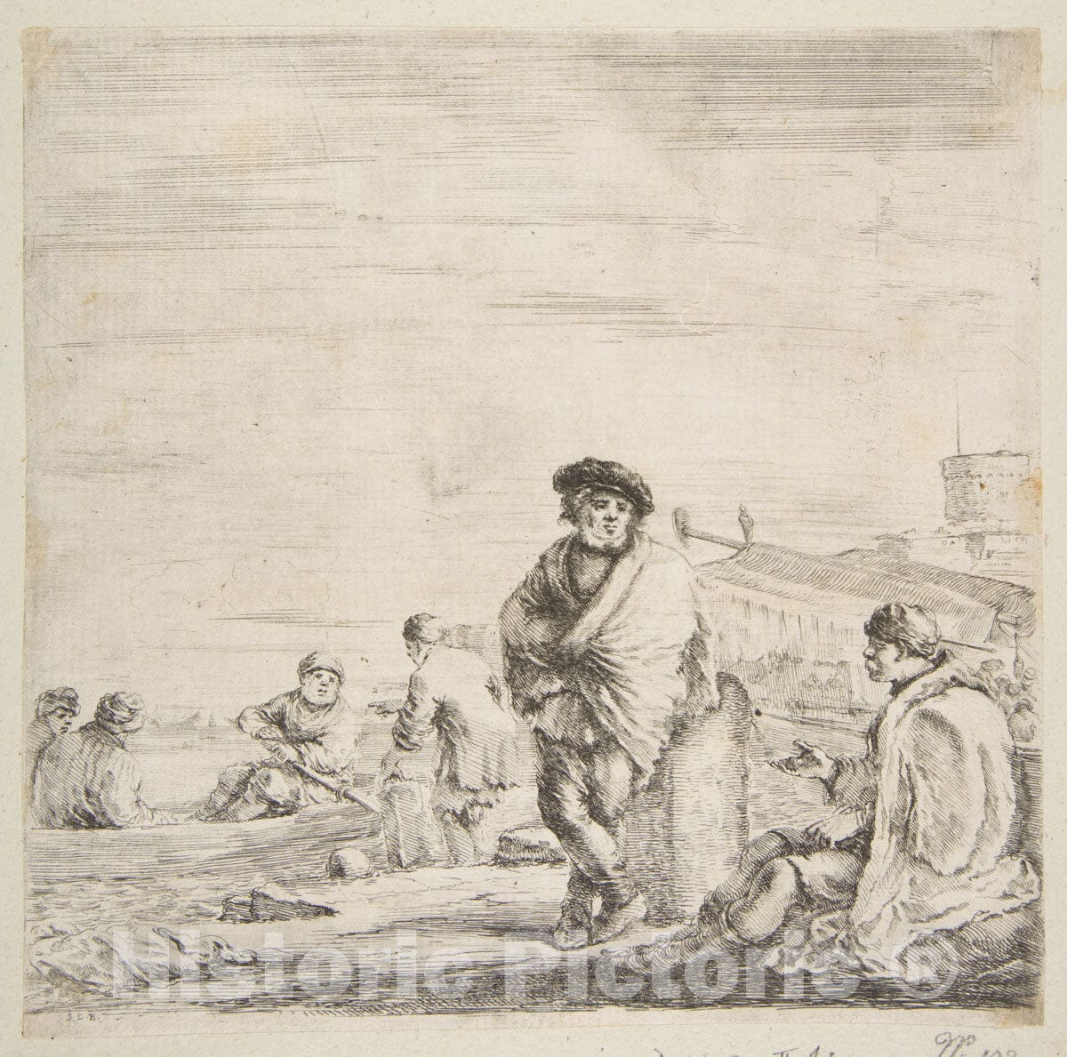 Art Print : Stefano Della Bella - A Standing Sailor Talking to a Seated Levantine 1 : Vintage Wall Art