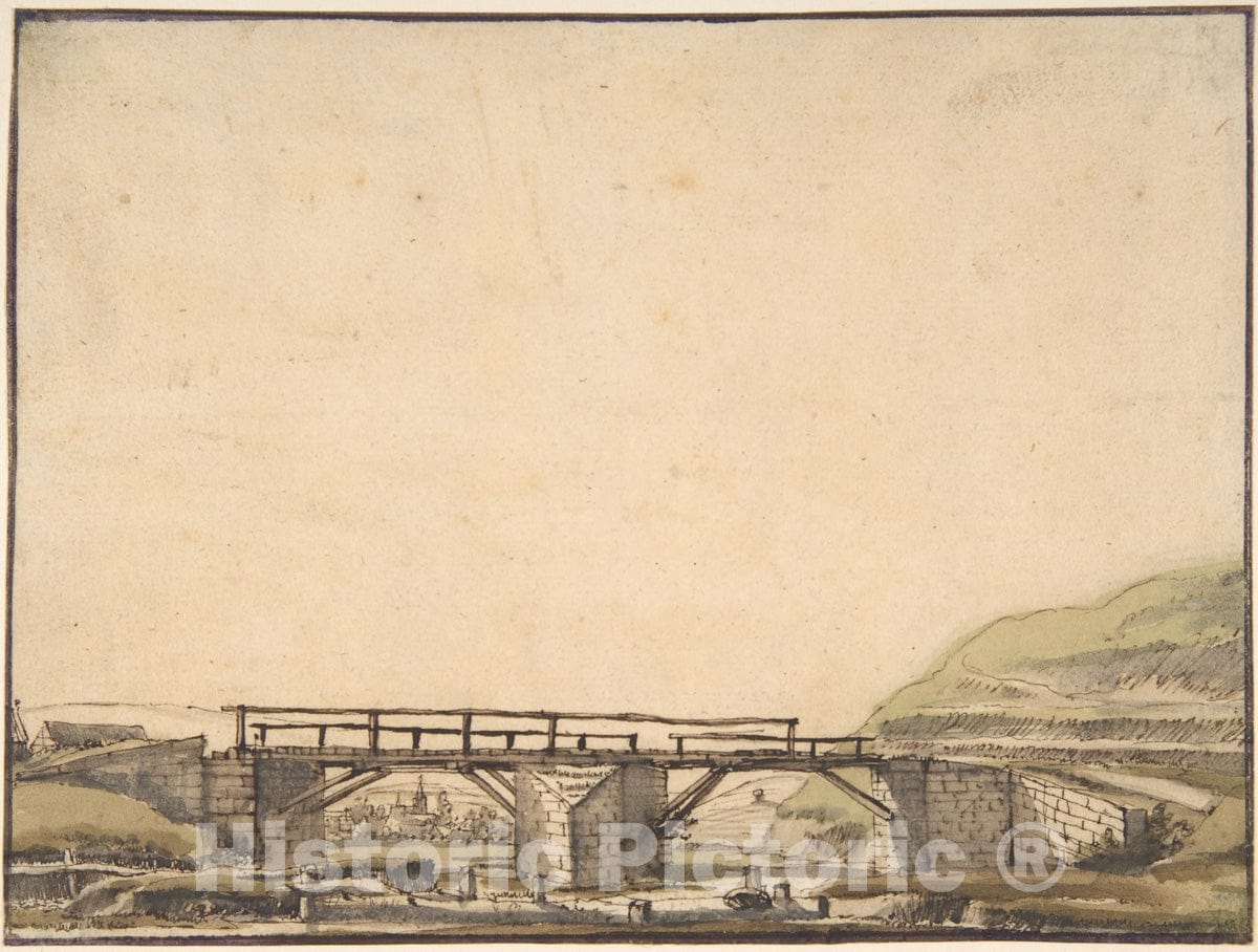 Art Print : Anthonie Van Borssom - Landscape with Bridge : Vintage Wall Art