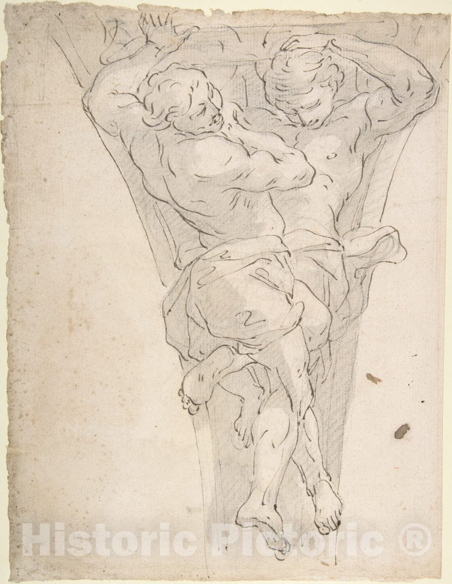 Art Print : Giovanni Battista Carlone - Two Partially Draped Male Figures in a Pendentive 1 : Vintage Wall Art