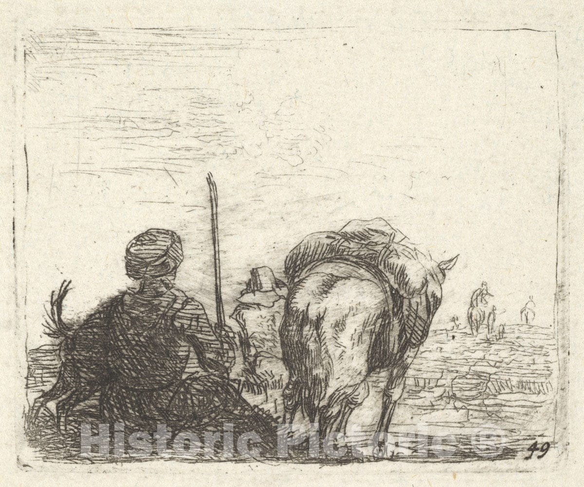 Art Print : Karel Dujardin - Pack-Horse, Seated Man with Staff in Right Hand, and Dog, All viewed from The Rear, from The Series 'The Small Landscapes' : Vintage Wall Art