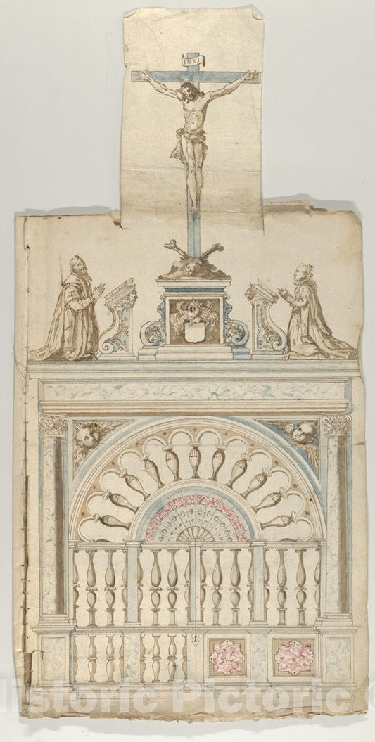 Art Print : Flemish - Design for a Choir Screen with Donor Statues flanking a Crucifix : Vintage Wall Art
