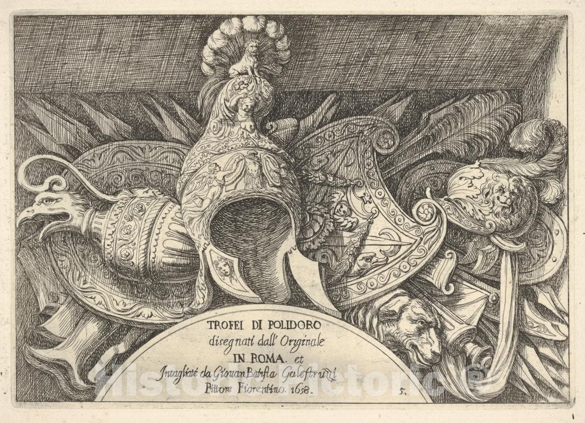 Art Print : Giovanni Battista Galestruzzi - Plate 5: Trophies of Roman arms from ations Above The Windows on The Second Floor of The Palazzo Milesi in Rome : Vintage Wall Art
