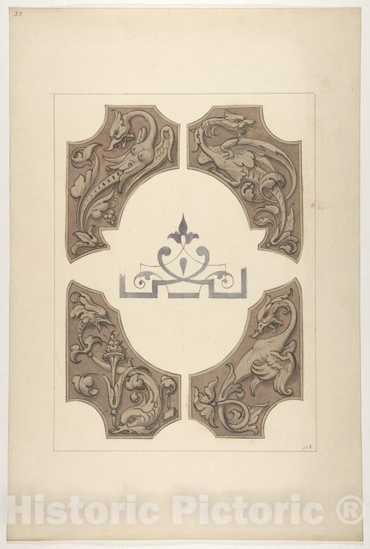 Art Print : Jules-Edmond-Charles Lachaise - Grotesque Designs Featuring Griffin, Birds, and Dolphins : Vintage Wall Art