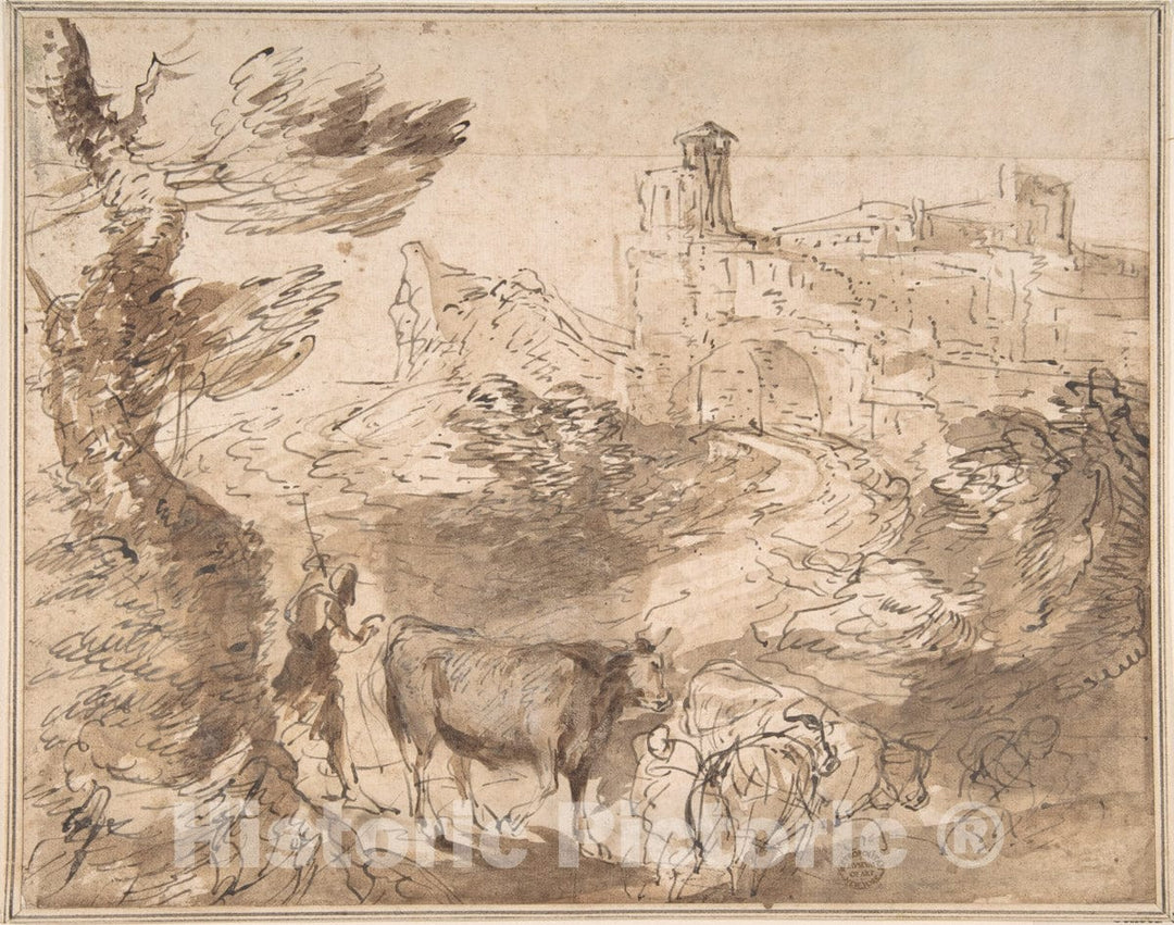Art Print : Italian, Roman-Bolognese, 17th Century - Landscape with Herdsman : Vintage Wall Art