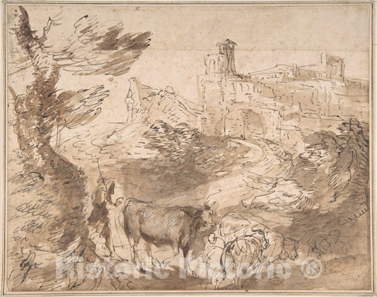 Art Print : Italian, Roman-Bolognese, 17th Century - Landscape with Herdsman : Vintage Wall Art