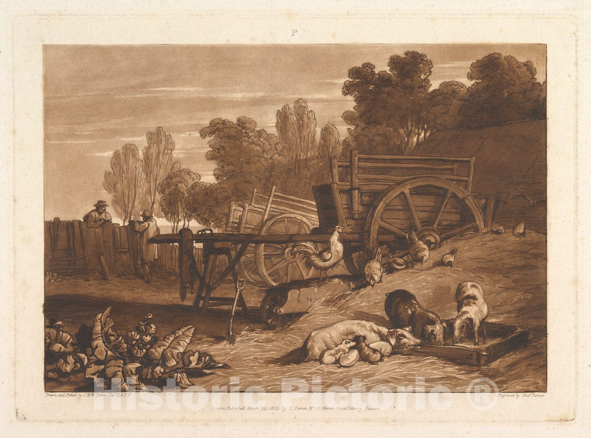 Art Print : Designed and Etched by Joseph Mallord William Turner - The Farm-Yard with The Cock (Liber Studiorum, Part IV, Plate 17) 2 : Vintage Wall Art