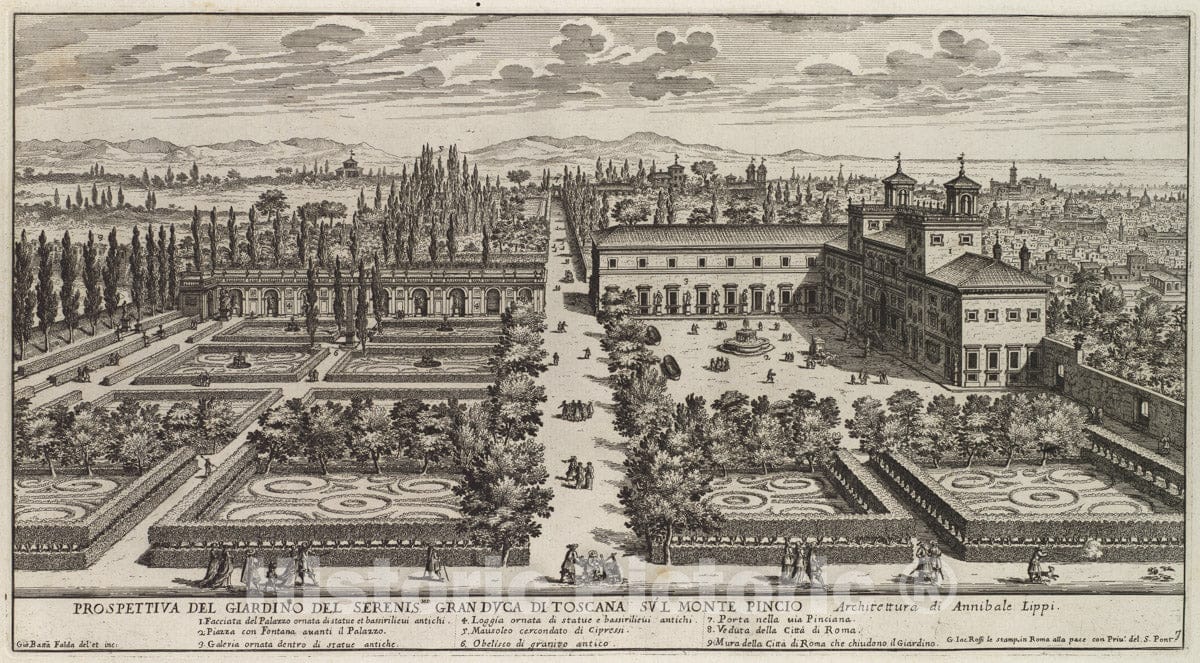 Art Print : Giovanni Battista Falda - View of The Villa Medici : Vintage Wall Art