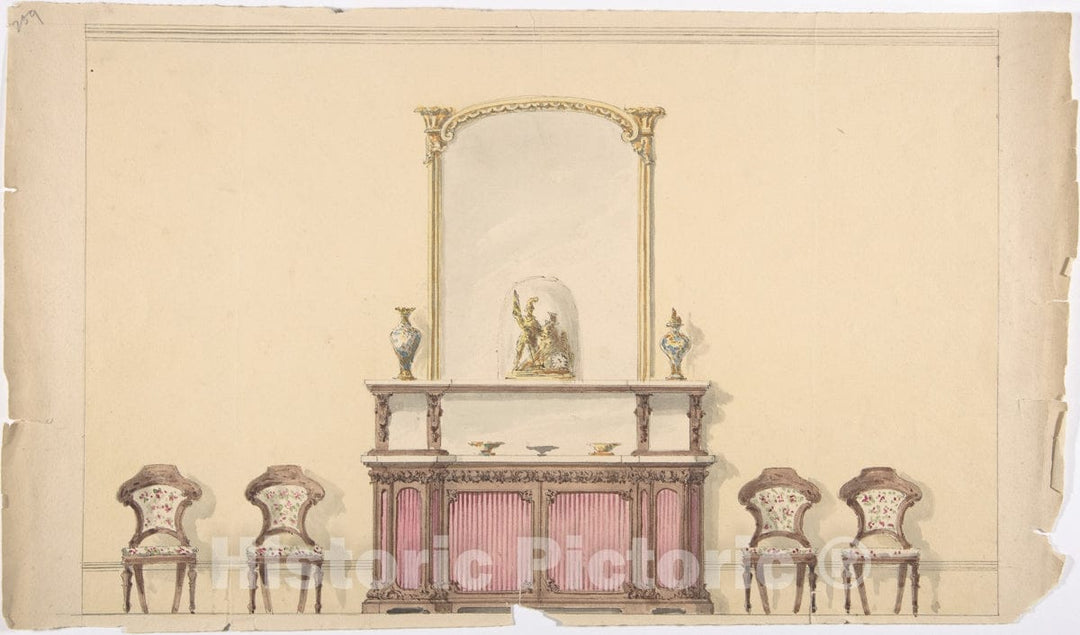 Art Print : British, 19th Century - Design for a Mirrored Cabinet and Four Chairs 3 : Vintage Wall Art