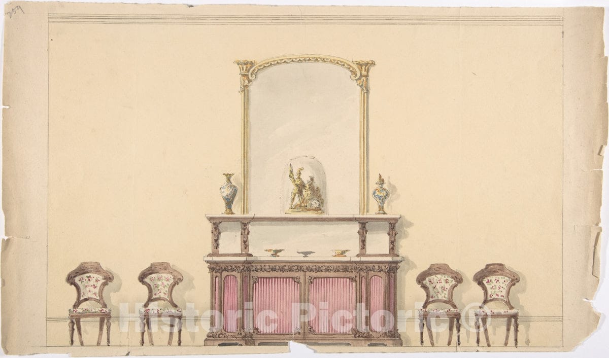 Art Print : British, 19th Century - Design for a Mirrored Cabinet and Four Chairs 3 : Vintage Wall Art