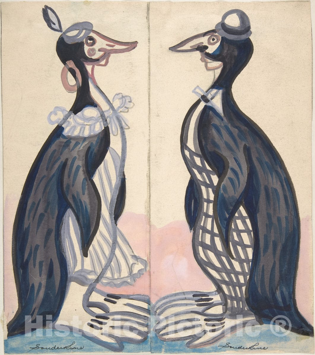 Art Print : Sergey Sudeykin - Two Penguins, Male and Female : Vintage Wall Art