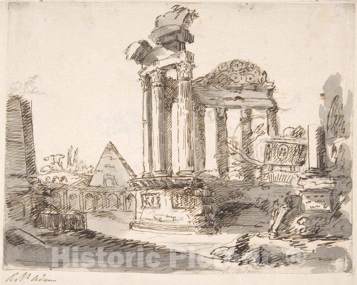 Art Print : Style of Robert Adam - Classical Landscape with Ruins (Recto)