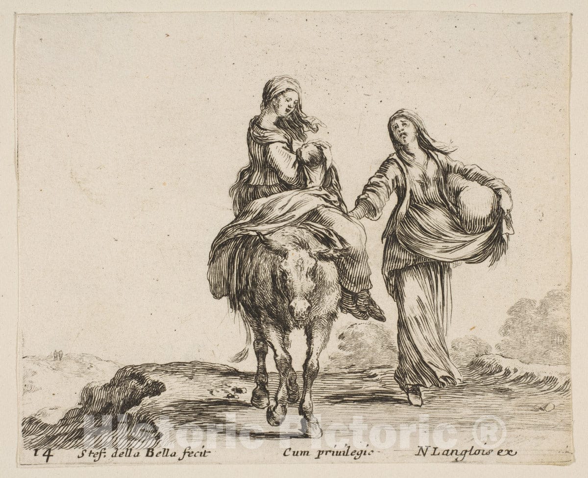 Art Print : Plate 14: a Young Peasant Woman and her Child Sitting Side Saddle - Artist: Stefano Della Bella - Created: c1644 v.2 : Vintage Wall Art