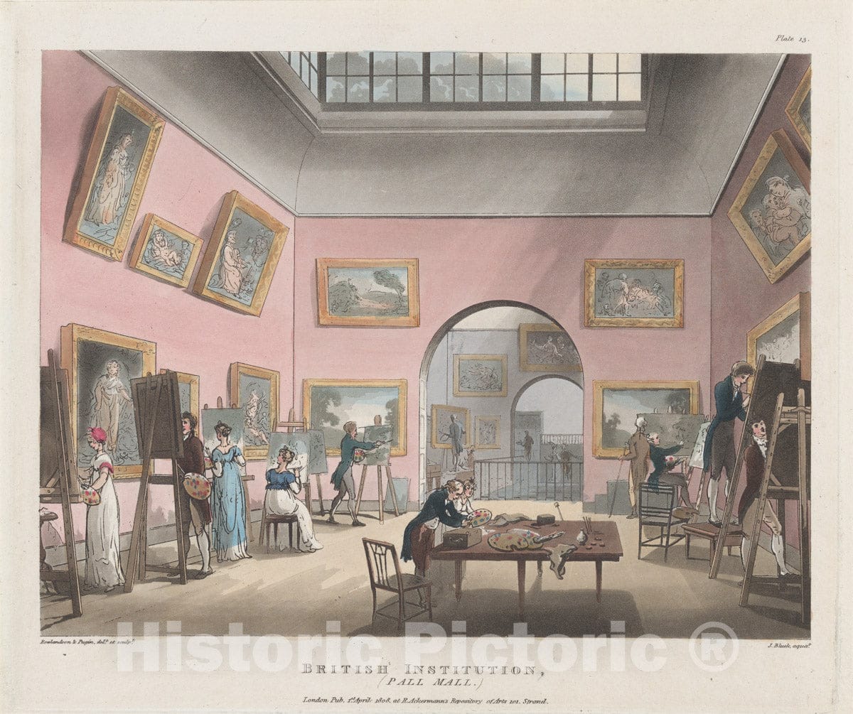 Art Print : Designed and Etched by Thomas Rowlandson - The British Institution, Pall Mall : Vintage Wall Art