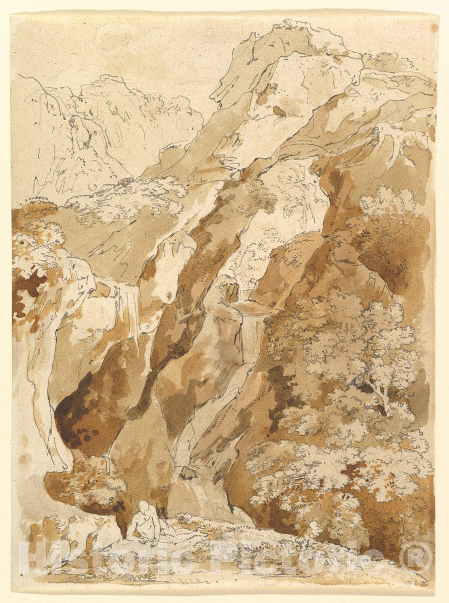 Art Print : Johann Georg von Dillis - Reclining Man in a Mountainous Landscape with Waterfalls : Vintage Wall Art