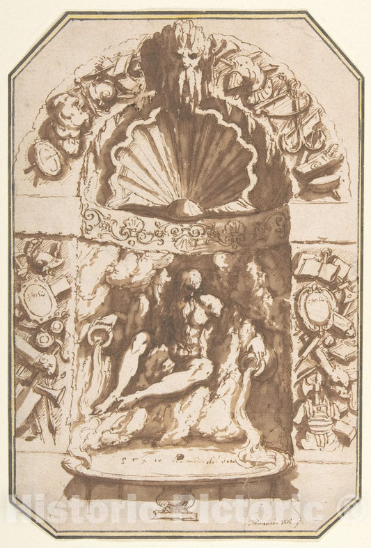 Art Print : Giovanni Guerra - A Fountain in a Grotto : Vintage Wall Art