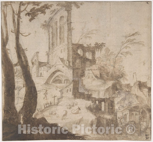 Art Print : Netherlandish, 16th Century - Imaginary Hilly Landscape with Ruins : Vintage Wall Art