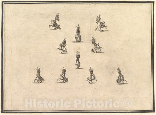Art Print : Stefano Della Bella - Four Riders in a Row at Bottom, Five Riders Forming a V Above and Another Rider in The Center, from 'La gara Delle Stagioni' : Vintage Wall Art