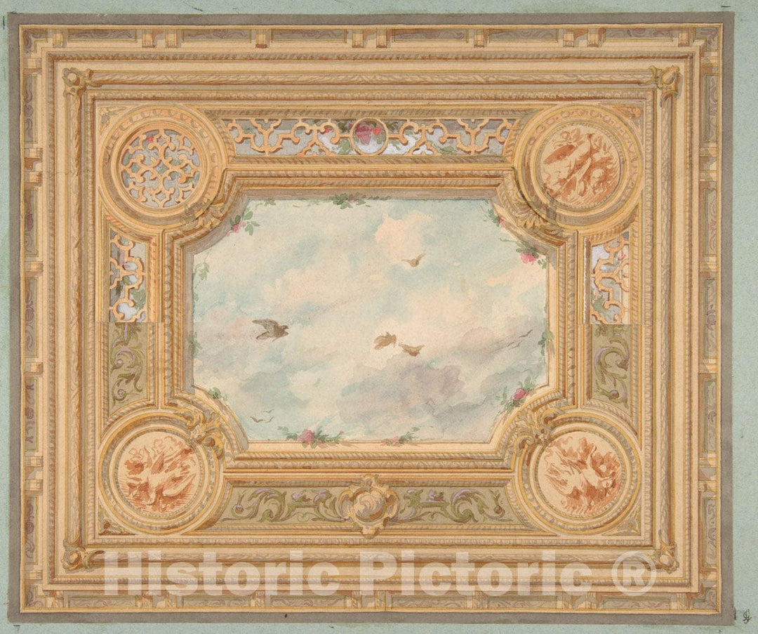 Art Print : Jules-Edmond-Charles Lachaise - Design for a Ceiling with Four Medallions and Sky Motif in Center : Vintage Wall Art