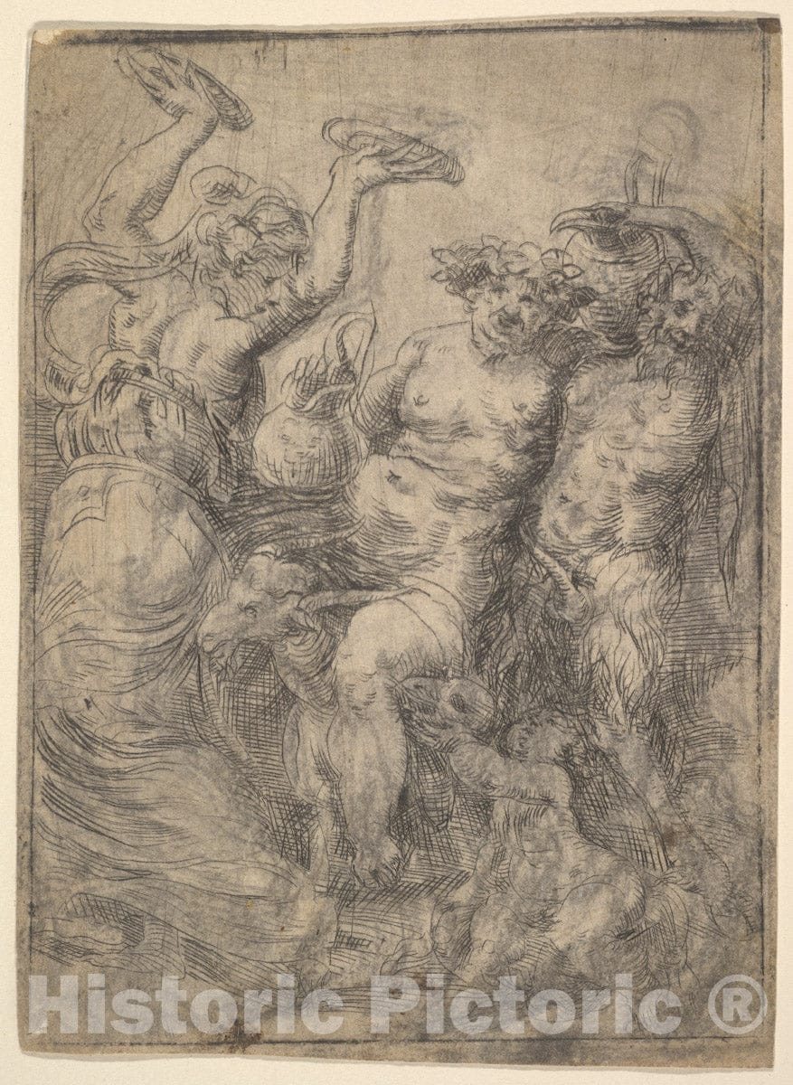 Art Print : Andrea Schiavone (Andrea Meldola) - Bacchic Revel with Silenus Riding a Goat in The Centre : Vintage Wall Art
