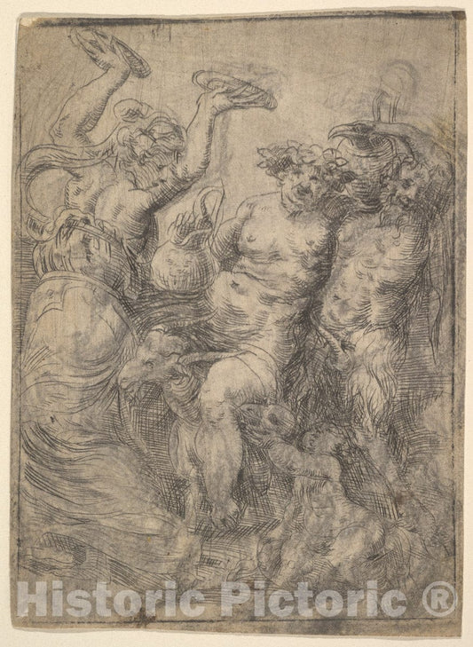 Art Print : Andrea Schiavone (Andrea Meldola) - Bacchic Revel with Silenus Riding a Goat in The Centre : Vintage Wall Art