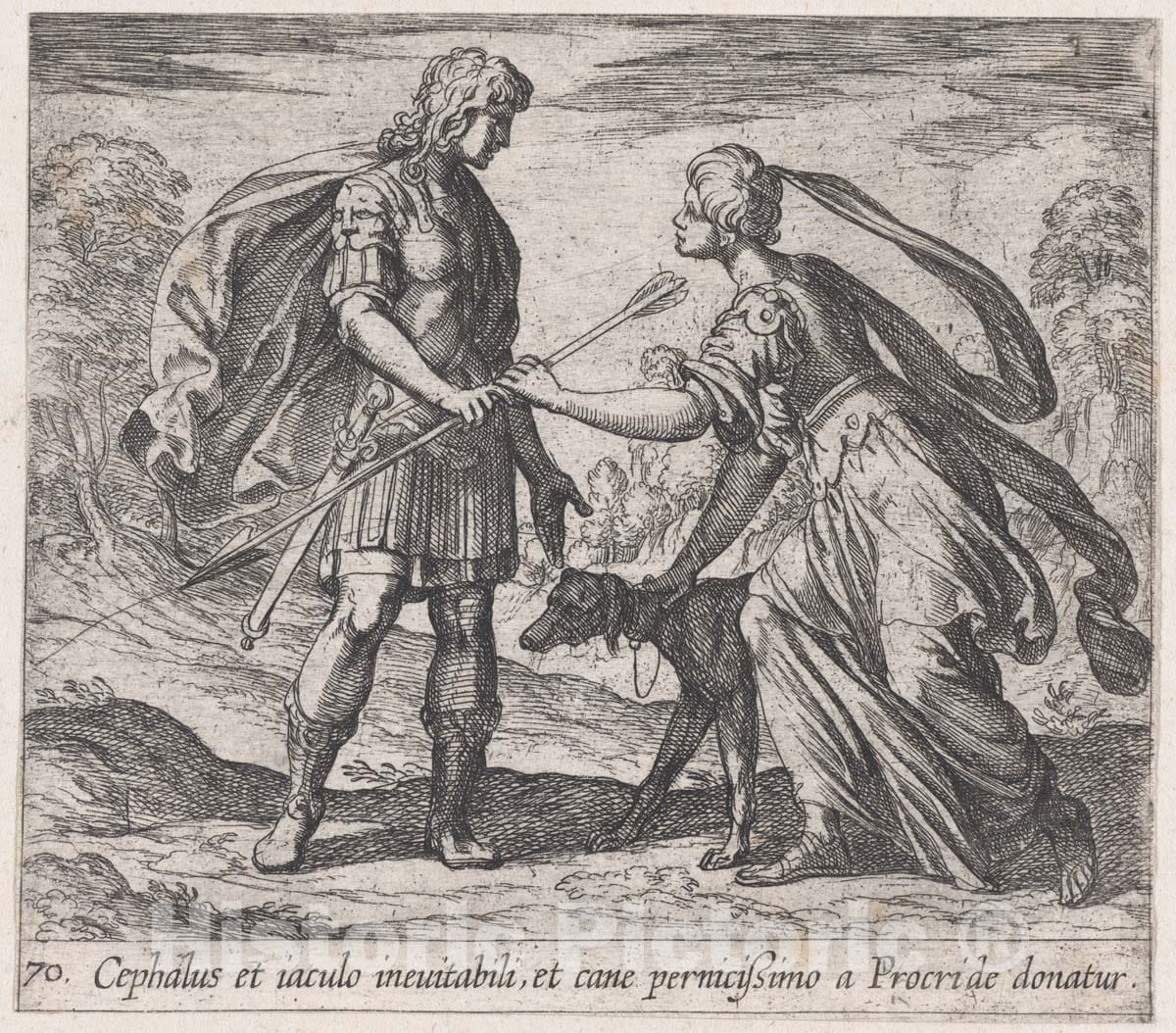 Art Print : Pltae 70: Procris Giving Cephalus a Dog and a Javelin - Artist: Antonio Tempesta - Created: 1606 : Vintage Wall Art