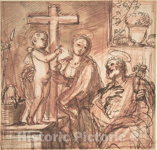 Art Print : Italian, Roman-Bolognese, 17th Century - Holy Family in an Interior : Vintage Wall Art