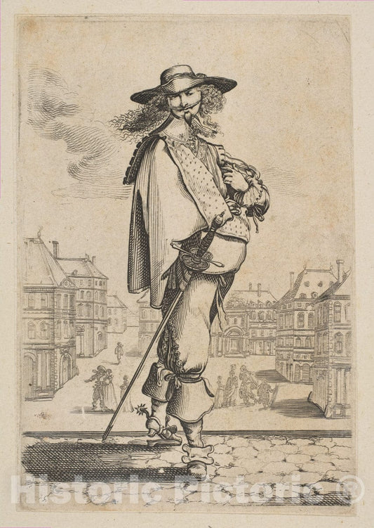 Art Print : Anonymous, French, 17th Century - Gentleman with a Sword Before Some Buildings : Vintage Wall Art