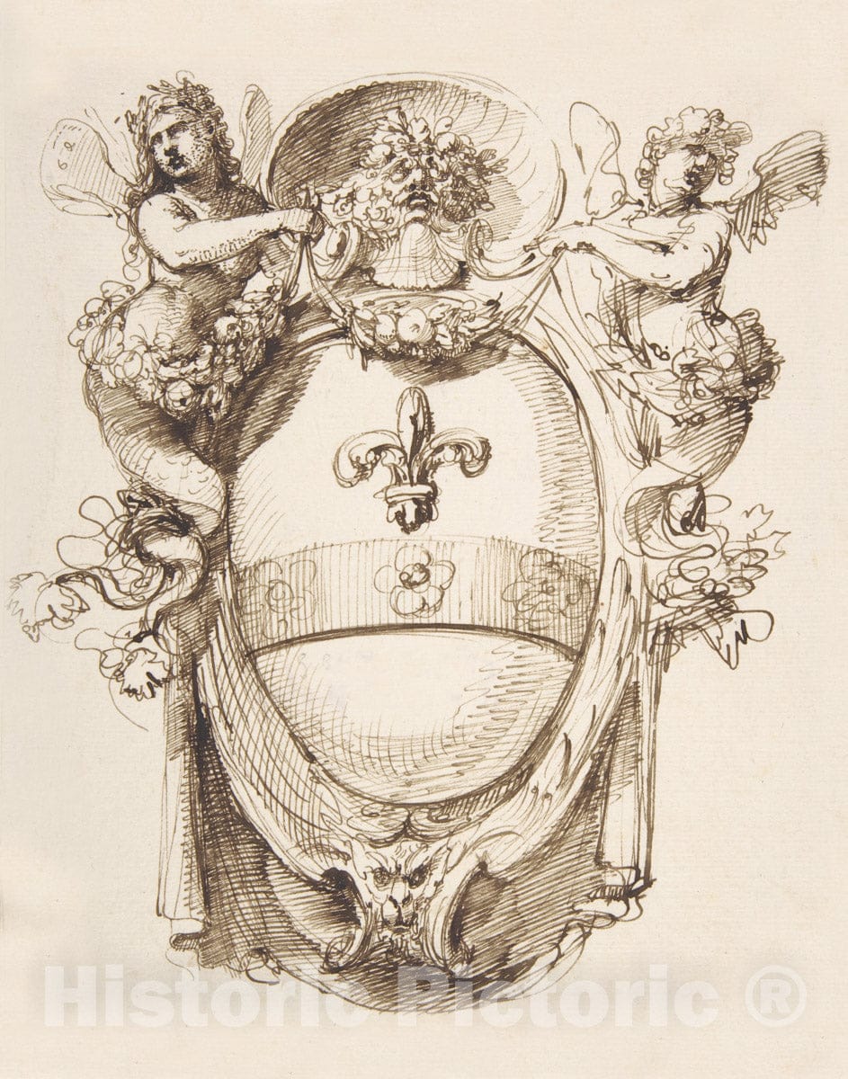 Art Print : Carlo Bianconi - Design for a Cartouche flanked by Winged Sirens with a Coat of Arms containing a Fleur-de-Lis : Vintage Wall Art