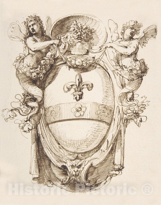 Art Print : Carlo Bianconi - Design for a Cartouche flanked by Winged Sirens with a Coat of Arms containing a Fleur-de-Lis : Vintage Wall Art