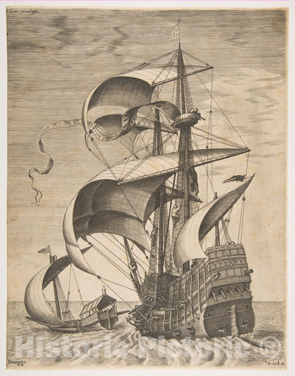 Art Print : Pieter Bruegel The Elder - Armed Three-Master on The Open Sea Accompanied by a Galley, from The Series Sailing Vessels : Vintage Wall Art