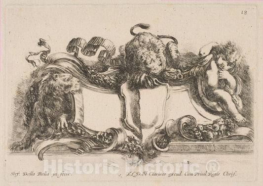 Art Print : Stefano Della Bella - Cartouche Containing an Empty Shield Surmounted by a Lion and Framed by a Lion and a Child : Vintage Wall Art