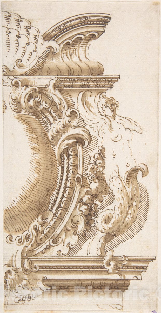 Art Print : Italian, 18th Century - Architectural Design with a Cartouche Flanked by a Siren : Vintage Wall Art