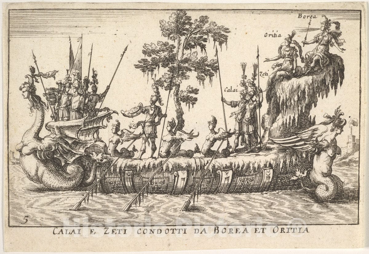 Art Print : Calais and Zetes led by Boreas and Oreithyia - Artist: Remigio Cantagallina - Created: 1664 : Vintage Wall Art
