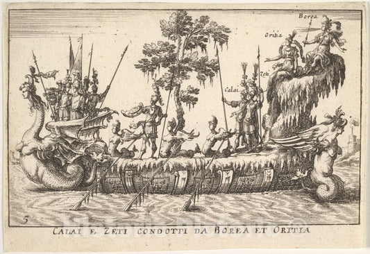 Art Print : Calais and Zetes led by Boreas and Oreithyia - Artist: Remigio Cantagallina - Created: 1664 : Vintage Wall Art