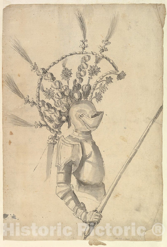 Art Print : Possibly by Baccio del Bianco - Design for an Armor with Tournament Headdress 2 : Vintage Wall Art